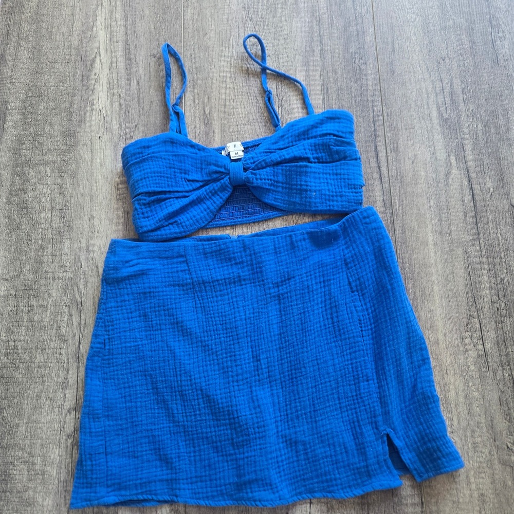 Hyfve Royal Blue Gauze Two Piece Set Bow Crop Top Mini Skirt Med